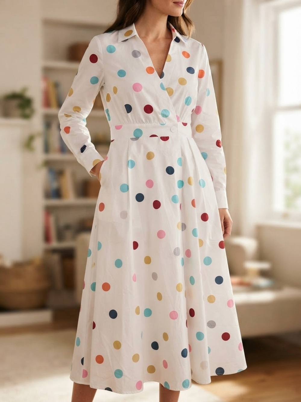 FreeStyle  Colorful Polka Dot Collared Button-Front Wrap-Style Maxi Dress